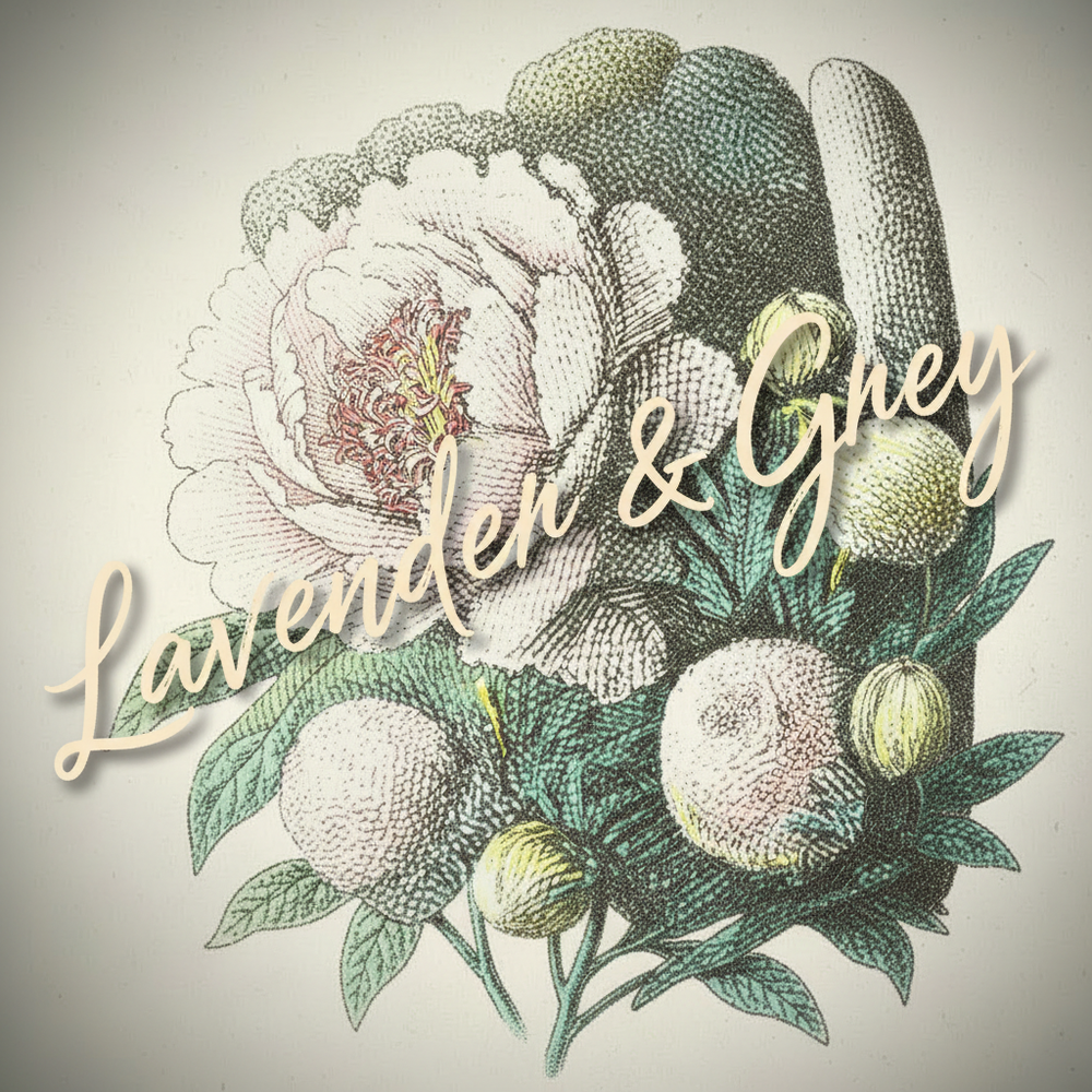 Lavender & Grey script over peony botanical