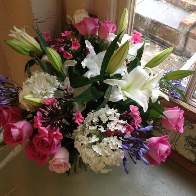 Kiri - Cerise Pink Roses Lily and Blue Bouquet