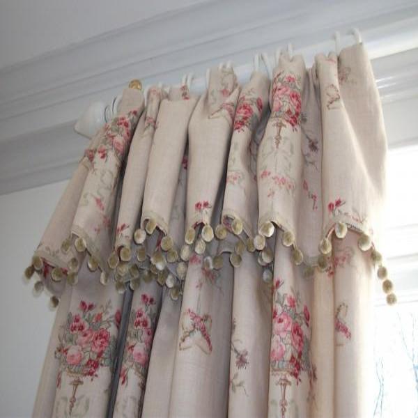 French Headed Curtains with bobble fringe.