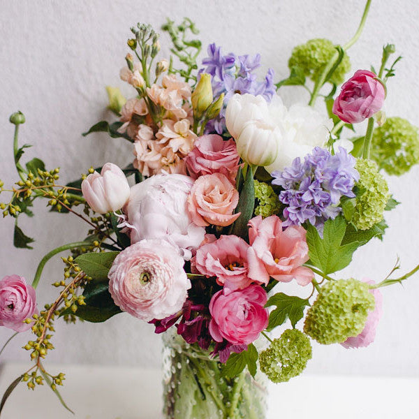 Spring Ranunculus Stocks Hyacinth Bouquet Lavender and Grey 