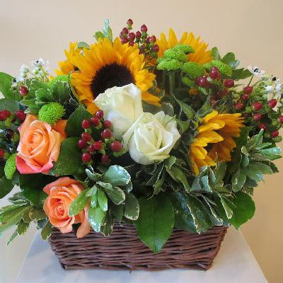 Basket of Sunflowers and Roses Lavender and Grey