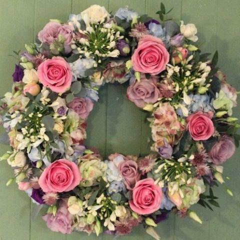 Tolpuddle  Funeral Flowers Vintage Pink Roses Hydrangea Wreath