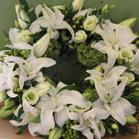 white lily funeral wreath GODNEY - Funeral Flowers White Lily Wreath - Sherborne Delivery – Lavender and Grey