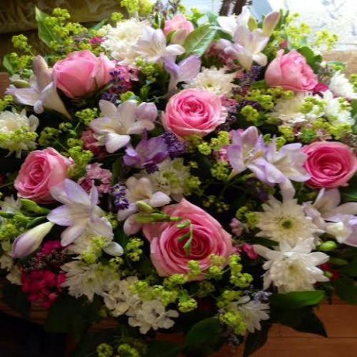 Funeral Posy of Pink Roses and Freesia Bokis Florist